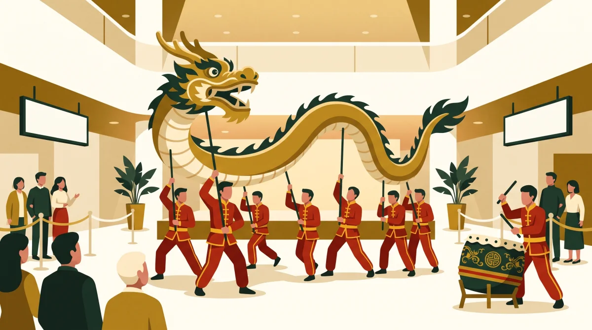 插圖：商場中庭的舞龍表演，一條金色長龍由多位穿紅色武術服的舞者以龍杆舉起，龍身呈 S 形，旁邊一位鼓手打大鼓，賓客在圍欄後觀看